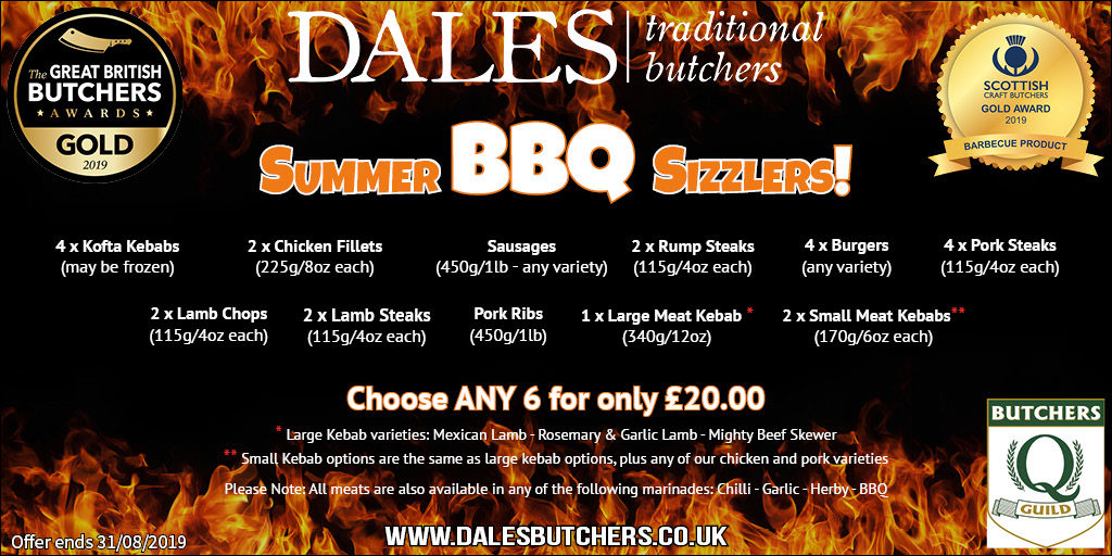 This is an image displaying a great value BBQ pack offer at Dales Butchers. Choose 6 products out of the 11 for only £20