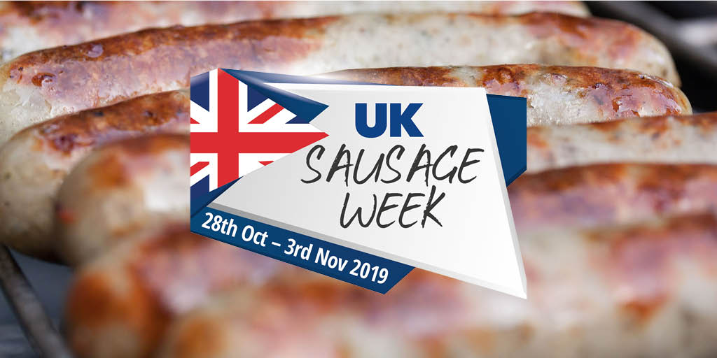 a pan of frying sausages and the UK sausage week logo
